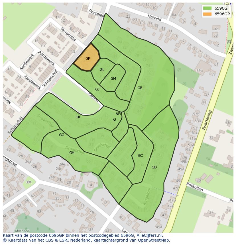 Afbeelding van het postcodegebied 6596 GP op de kaart.