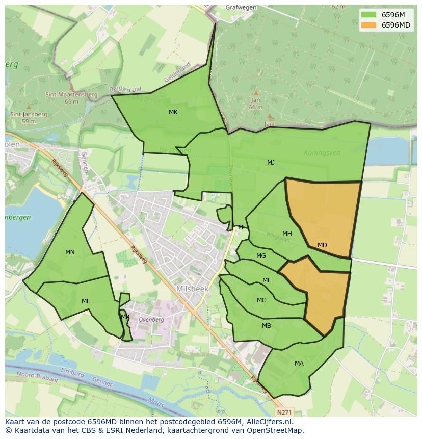 Afbeelding van het postcodegebied 6596 MD op de kaart.
