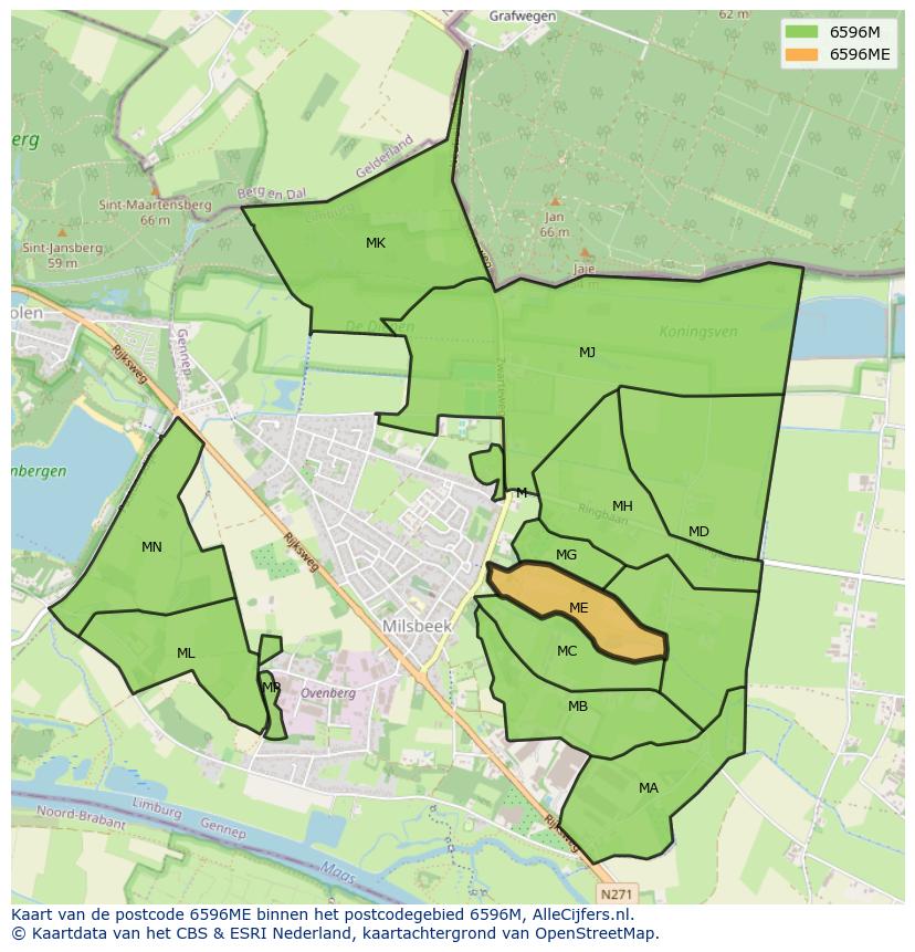 Afbeelding van het postcodegebied 6596 ME op de kaart.