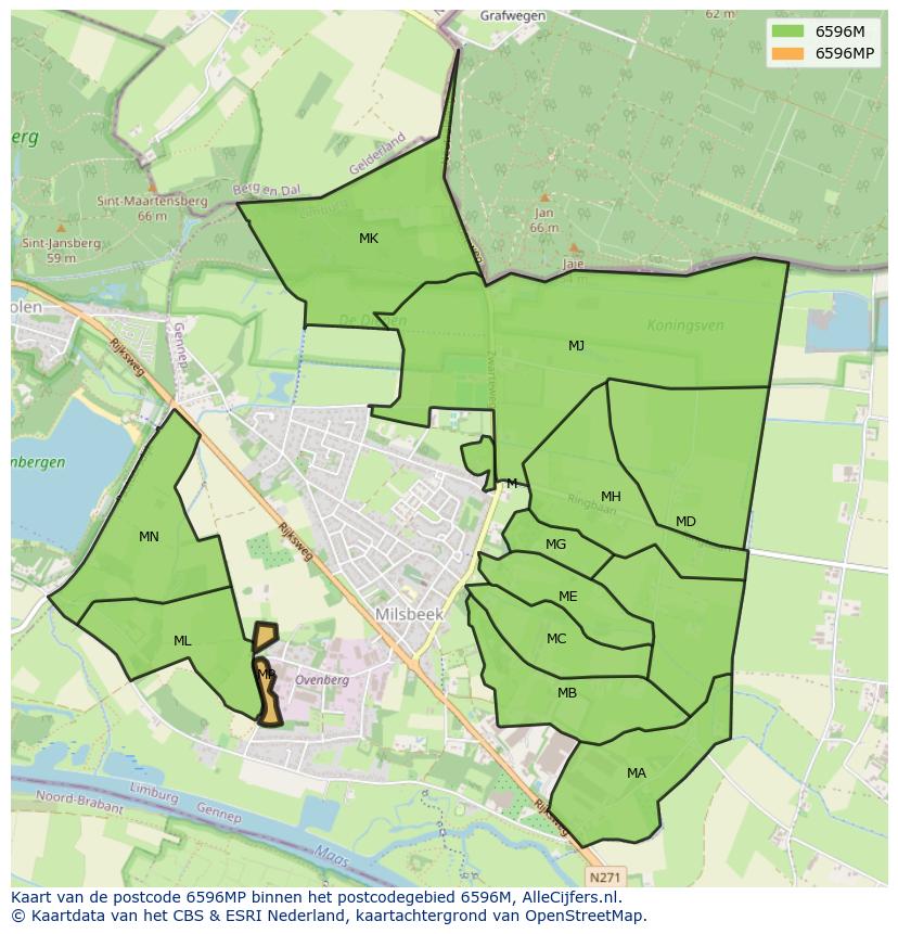 Afbeelding van het postcodegebied 6596 MP op de kaart.