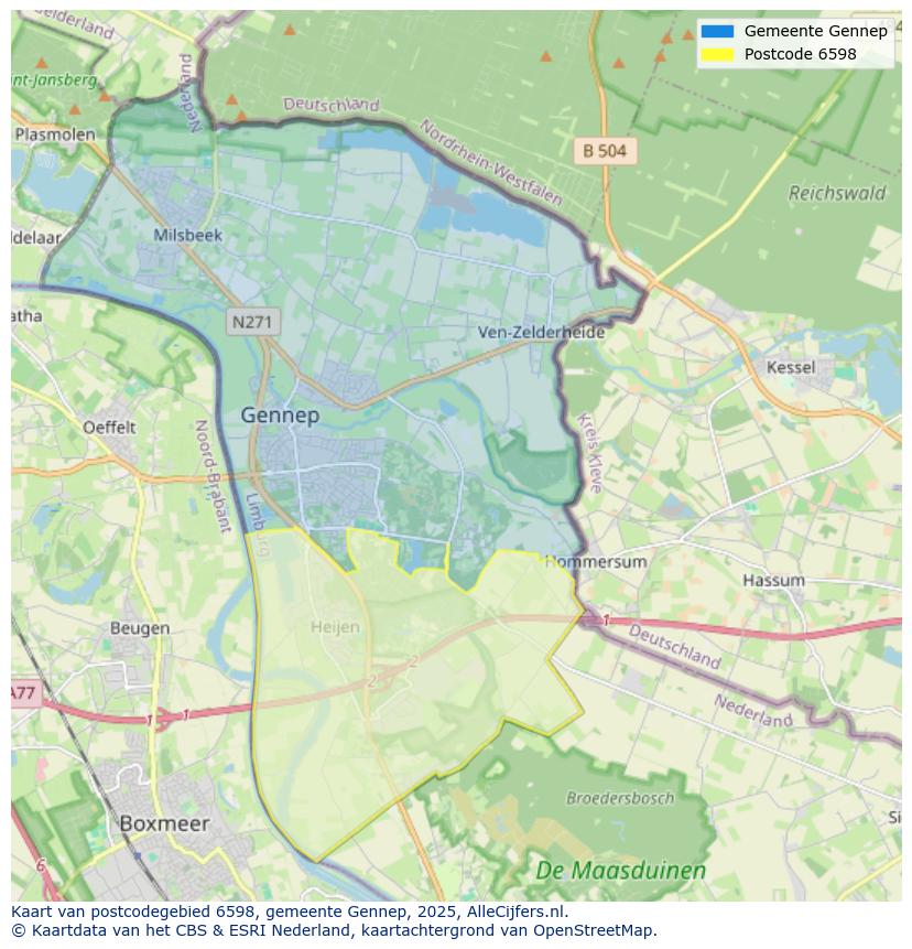 Afbeelding van het postcodegebied 6598 op de kaart.