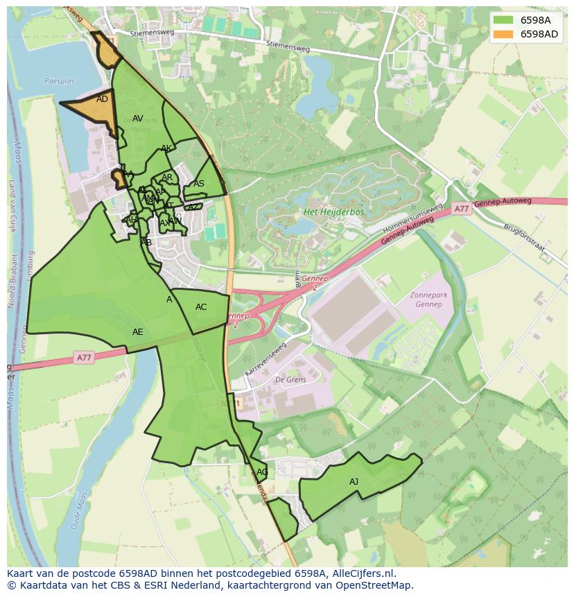 Afbeelding van het postcodegebied 6598 AD op de kaart.