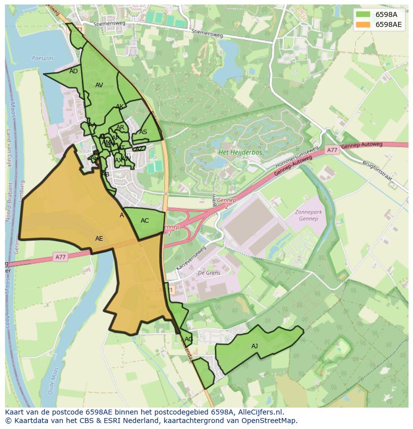 Afbeelding van het postcodegebied 6598 AE op de kaart.