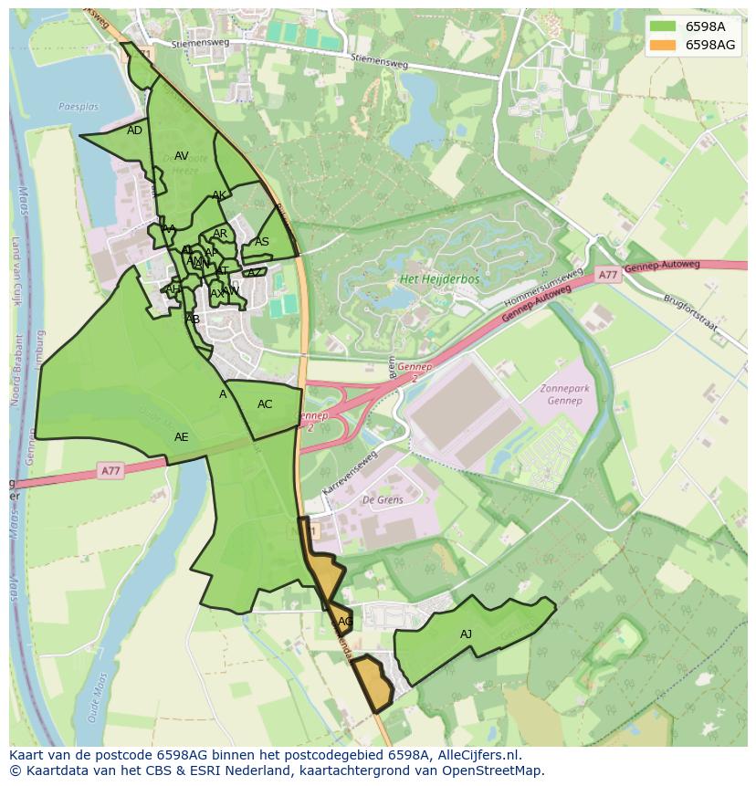 Afbeelding van het postcodegebied 6598 AG op de kaart.