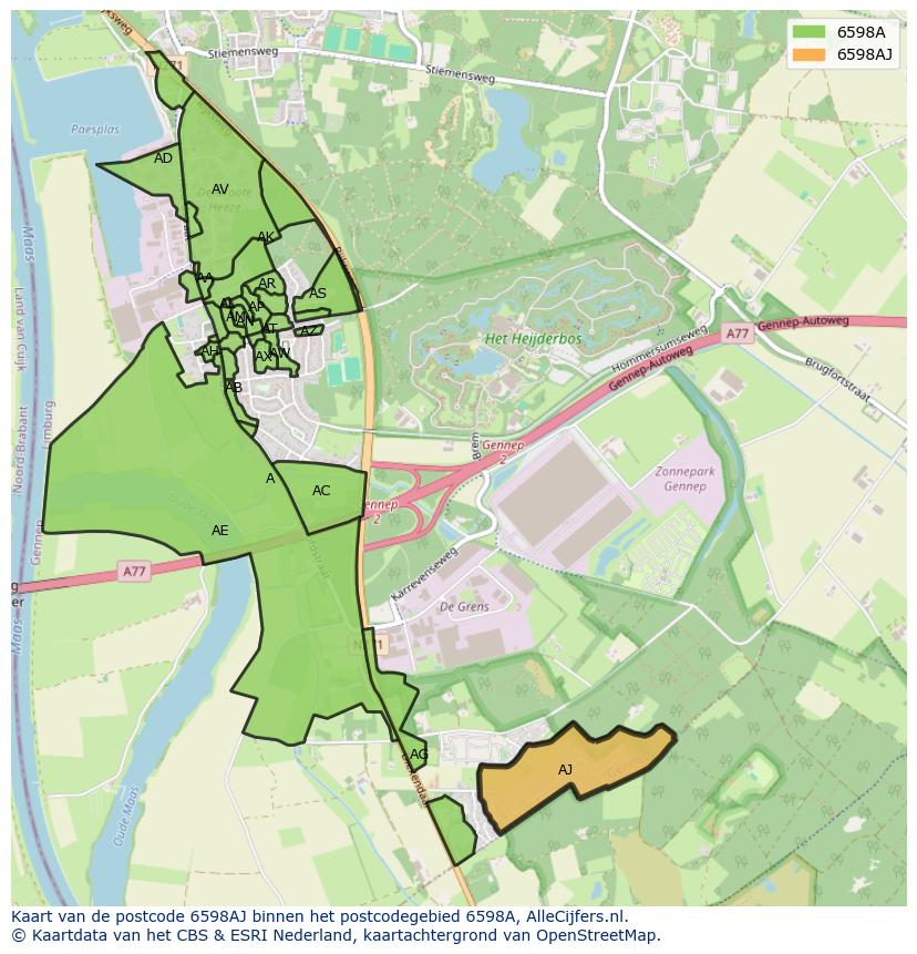 Afbeelding van het postcodegebied 6598 AJ op de kaart.
