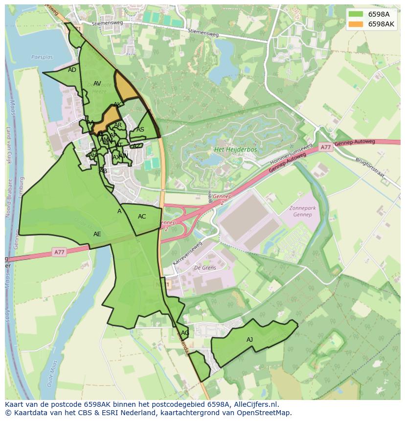 Afbeelding van het postcodegebied 6598 AK op de kaart.