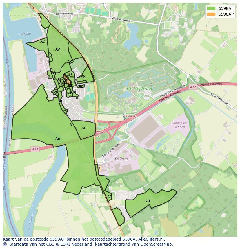 Afbeelding van het postcodegebied 6598 AP op de kaart.