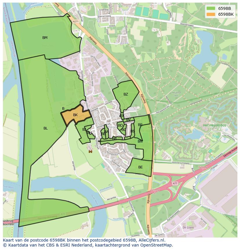 Afbeelding van het postcodegebied 6598 BK op de kaart.