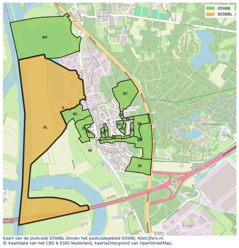 Afbeelding van het postcodegebied 6598 BL op de kaart.