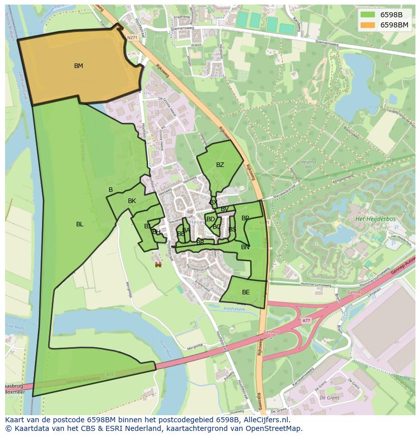 Afbeelding van het postcodegebied 6598 BM op de kaart.