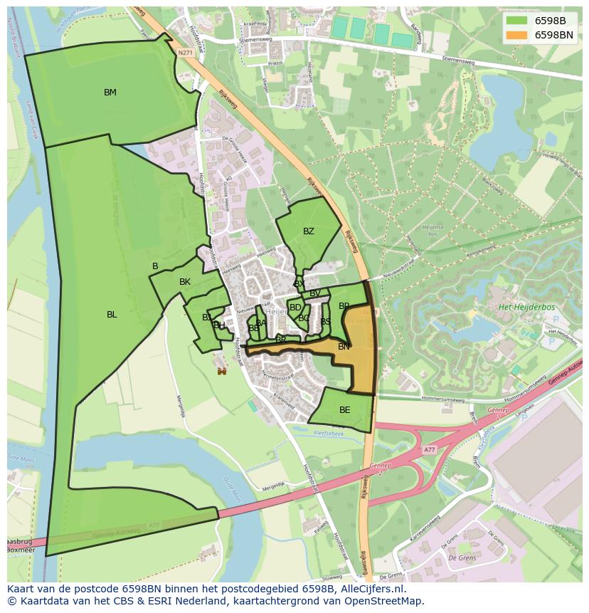 Afbeelding van het postcodegebied 6598 BN op de kaart.