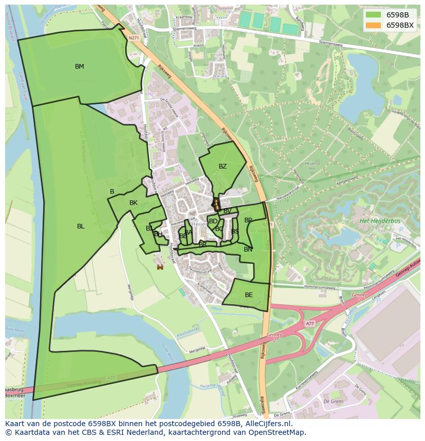 Afbeelding van het postcodegebied 6598 BX op de kaart.