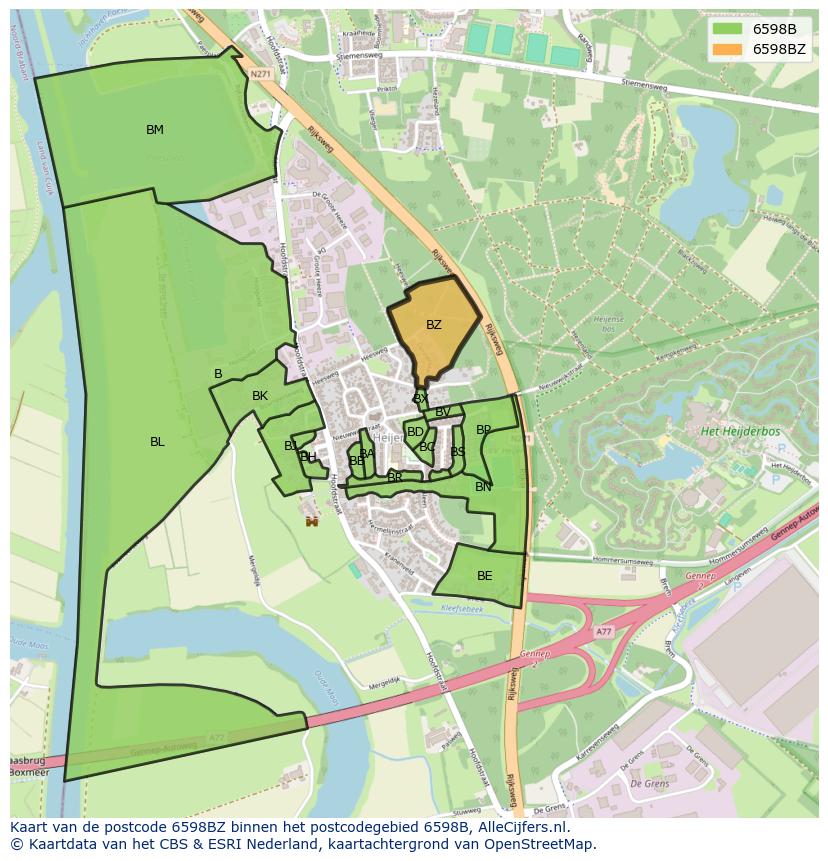 Afbeelding van het postcodegebied 6598 BZ op de kaart.