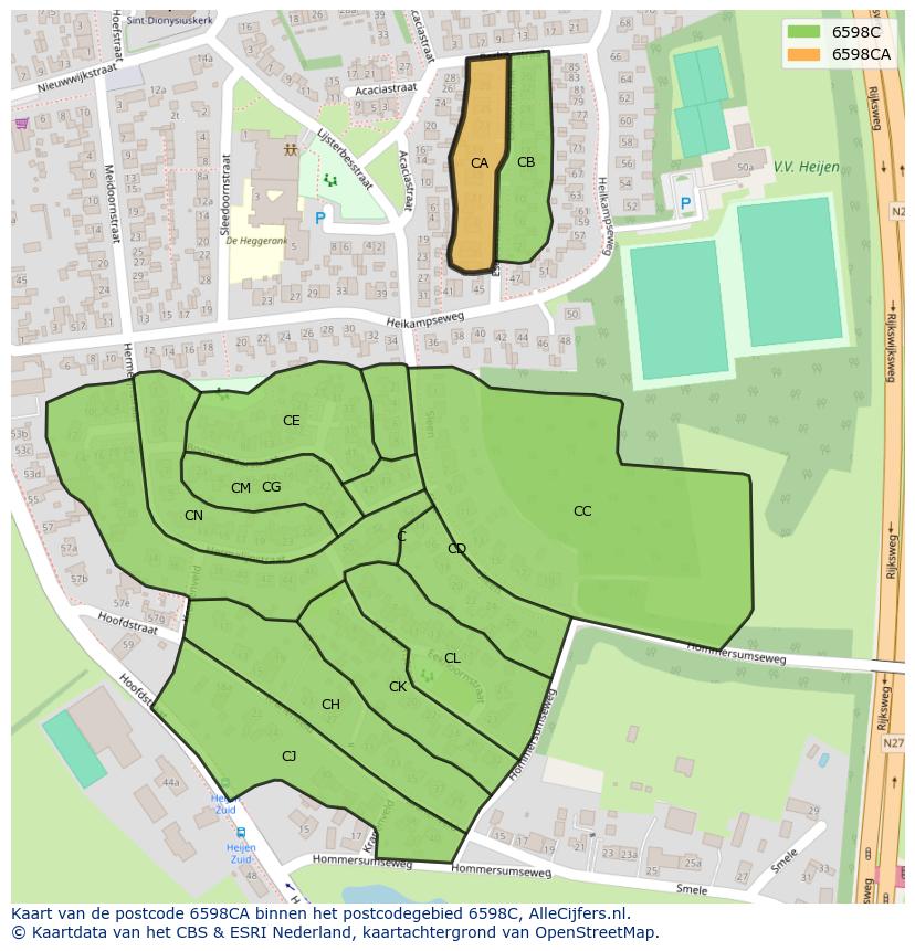 Afbeelding van het postcodegebied 6598 CA op de kaart.