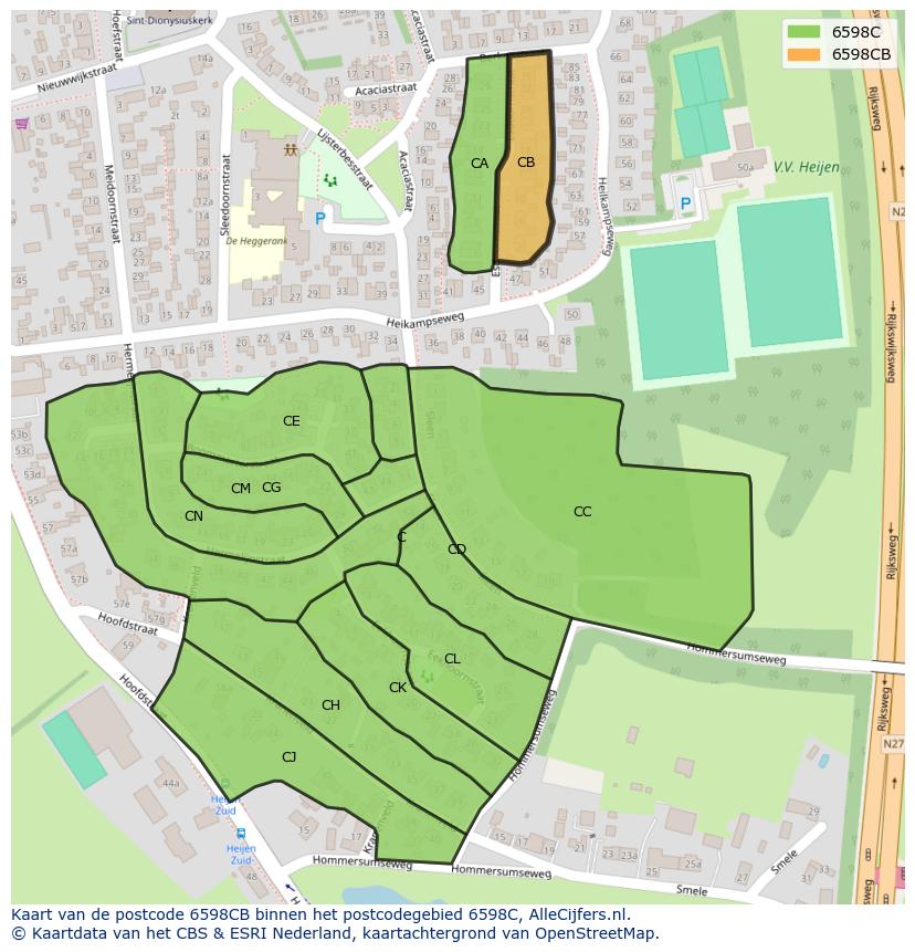 Afbeelding van het postcodegebied 6598 CB op de kaart.