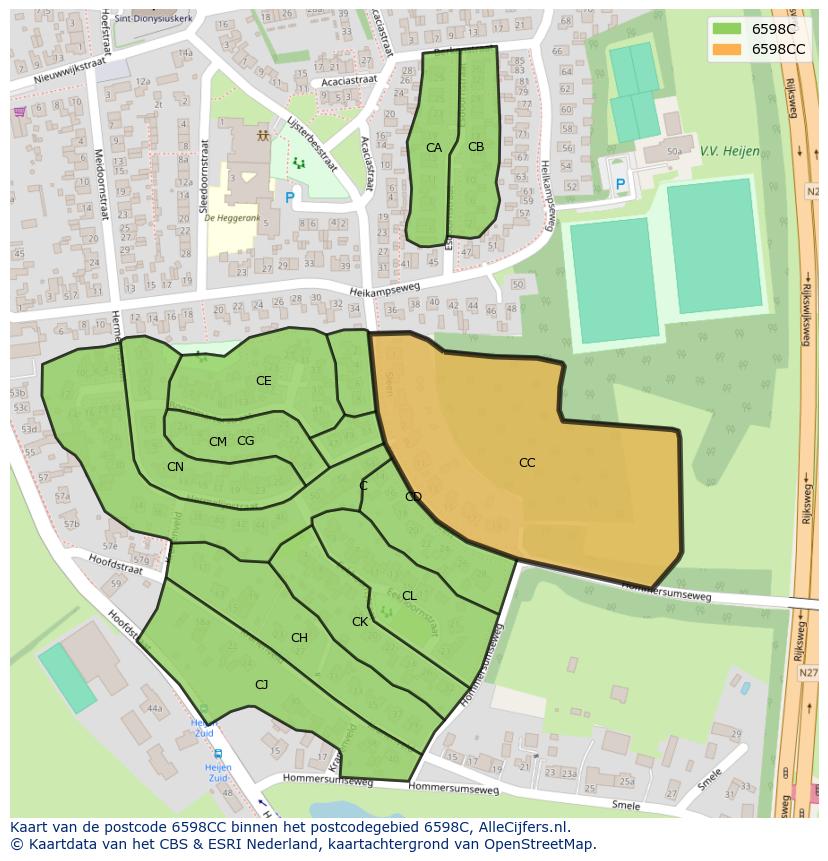 Afbeelding van het postcodegebied 6598 CC op de kaart.