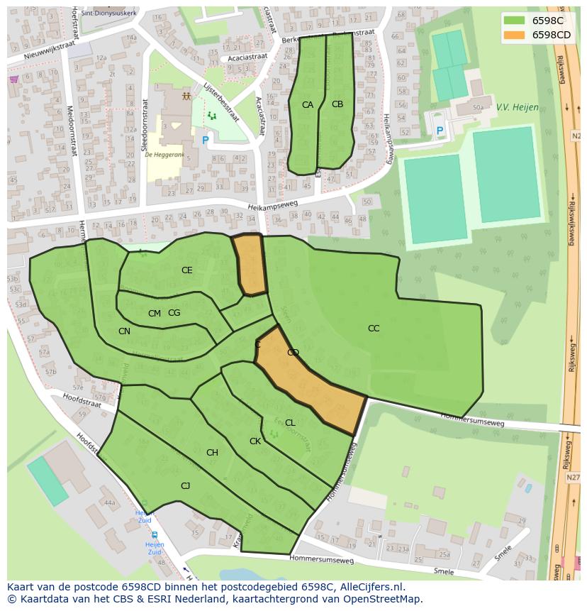 Afbeelding van het postcodegebied 6598 CD op de kaart.