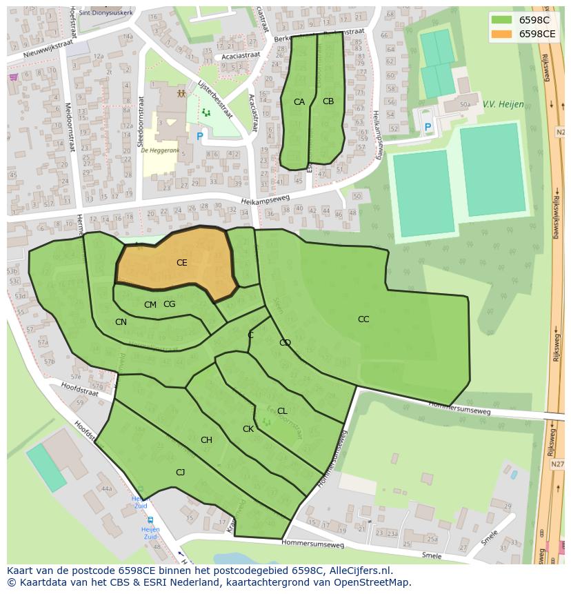 Afbeelding van het postcodegebied 6598 CE op de kaart.