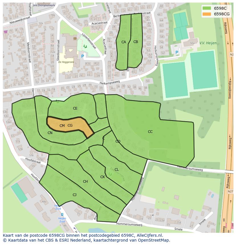 Afbeelding van het postcodegebied 6598 CG op de kaart.