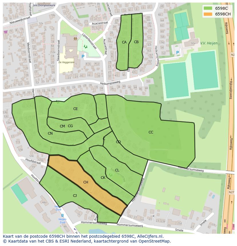 Afbeelding van het postcodegebied 6598 CH op de kaart.