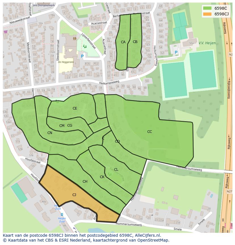 Afbeelding van het postcodegebied 6598 CJ op de kaart.