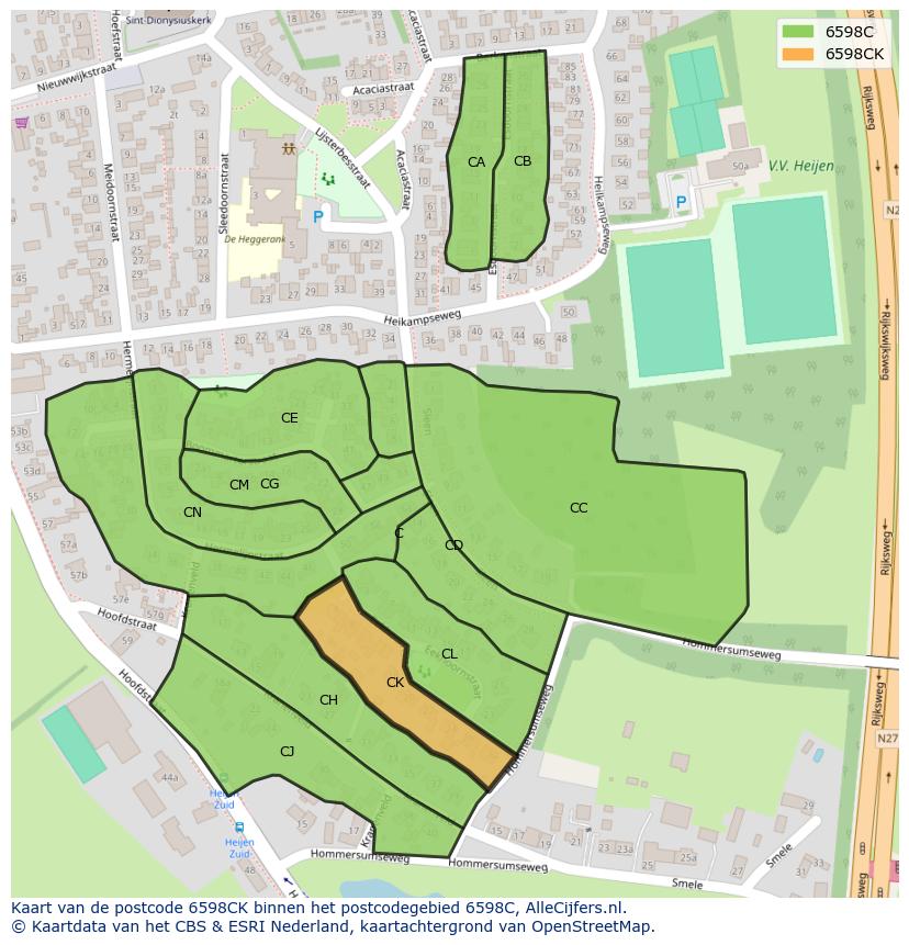 Afbeelding van het postcodegebied 6598 CK op de kaart.