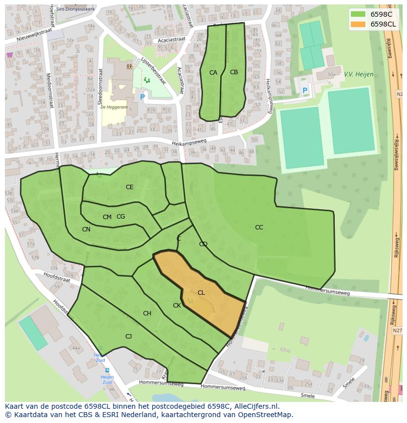 Afbeelding van het postcodegebied 6598 CL op de kaart.