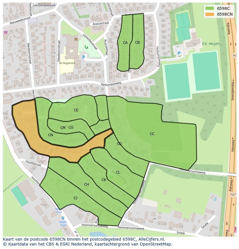 Afbeelding van het postcodegebied 6598 CN op de kaart.