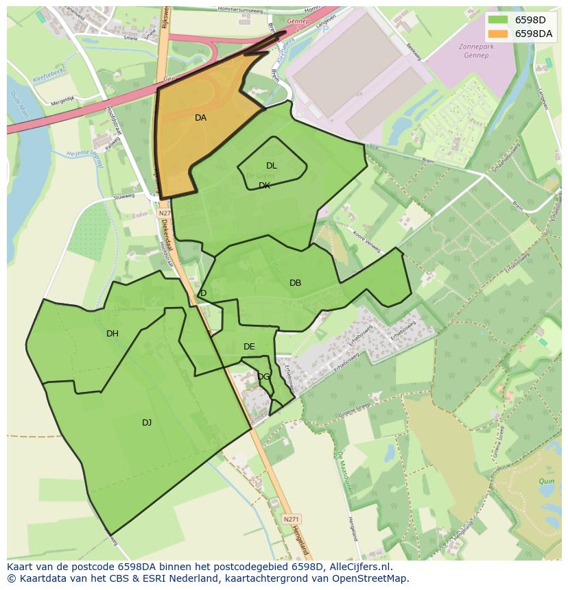Afbeelding van het postcodegebied 6598 DA op de kaart.