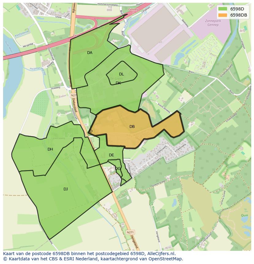 Afbeelding van het postcodegebied 6598 DB op de kaart.