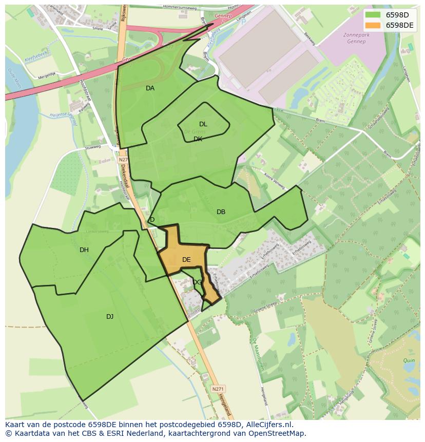 Afbeelding van het postcodegebied 6598 DE op de kaart.
