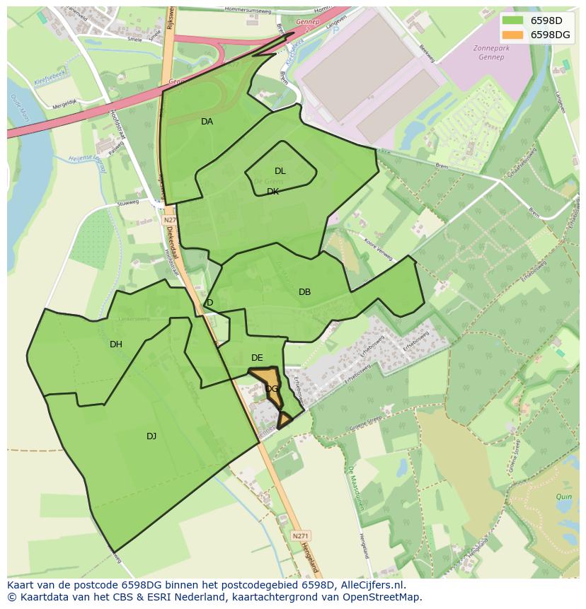Afbeelding van het postcodegebied 6598 DG op de kaart.