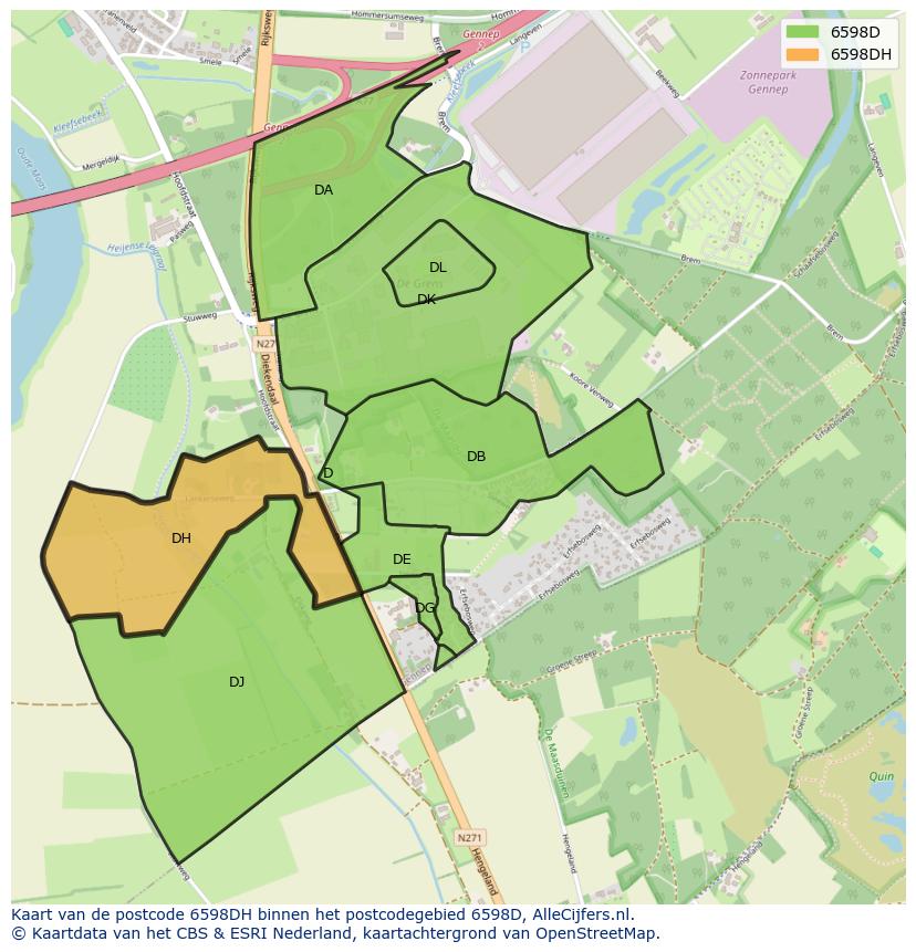 Afbeelding van het postcodegebied 6598 DH op de kaart.