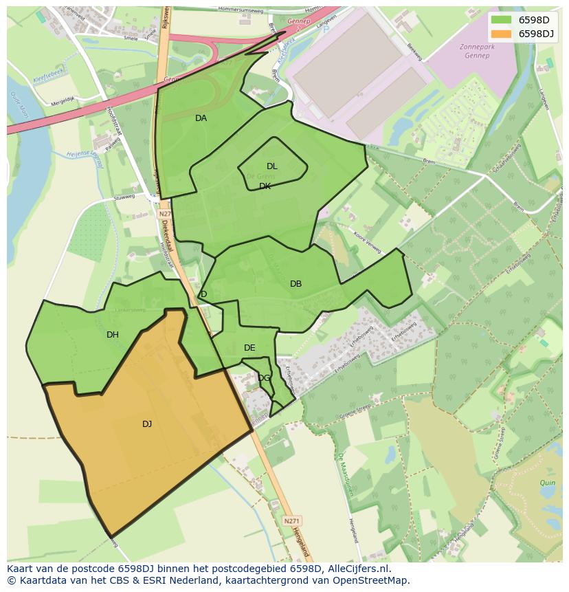Afbeelding van het postcodegebied 6598 DJ op de kaart.