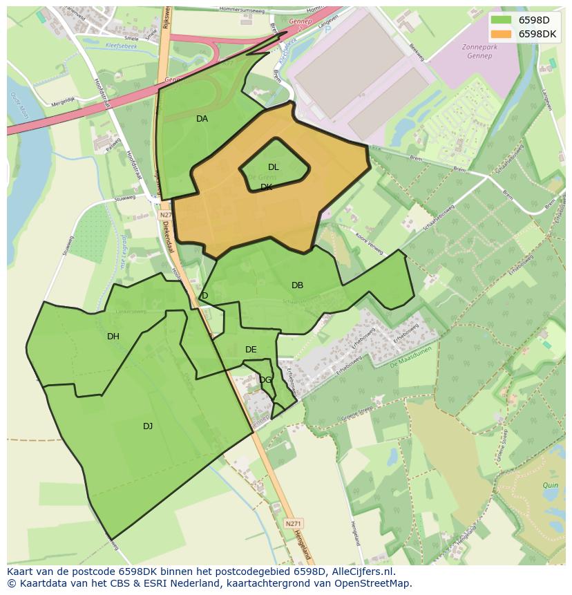 Afbeelding van het postcodegebied 6598 DK op de kaart.