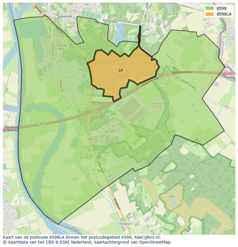 Afbeelding van het postcodegebied 6598 LA op de kaart.