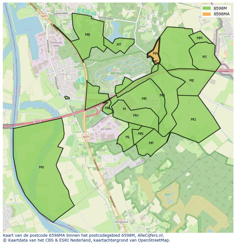 Afbeelding van het postcodegebied 6598 MA op de kaart.