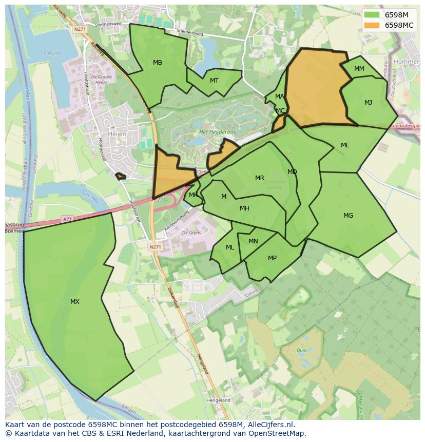 Afbeelding van het postcodegebied 6598 MC op de kaart.