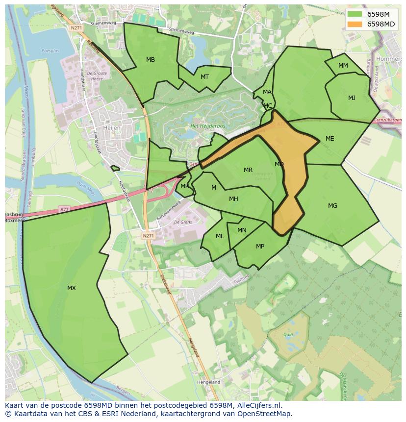 Afbeelding van het postcodegebied 6598 MD op de kaart.