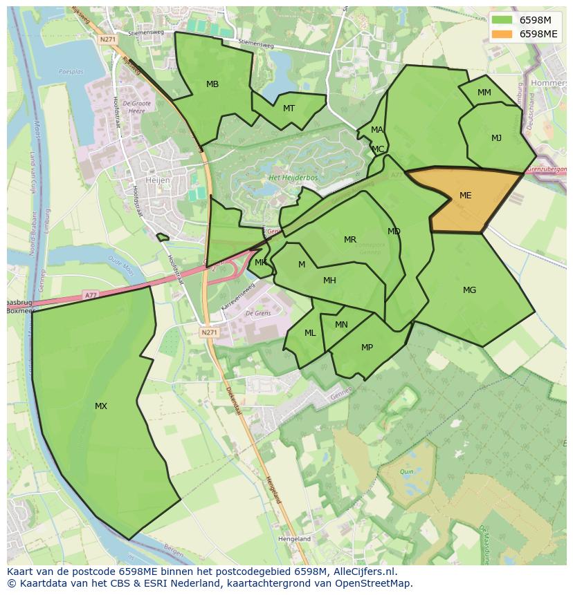 Afbeelding van het postcodegebied 6598 ME op de kaart.