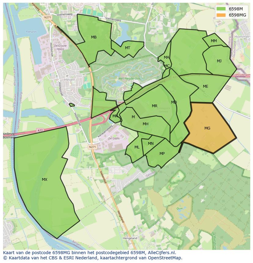 Afbeelding van het postcodegebied 6598 MG op de kaart.