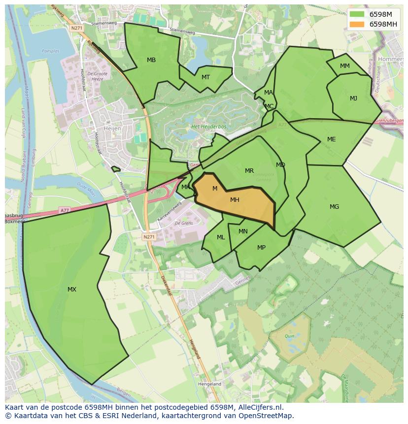 Afbeelding van het postcodegebied 6598 MH op de kaart.