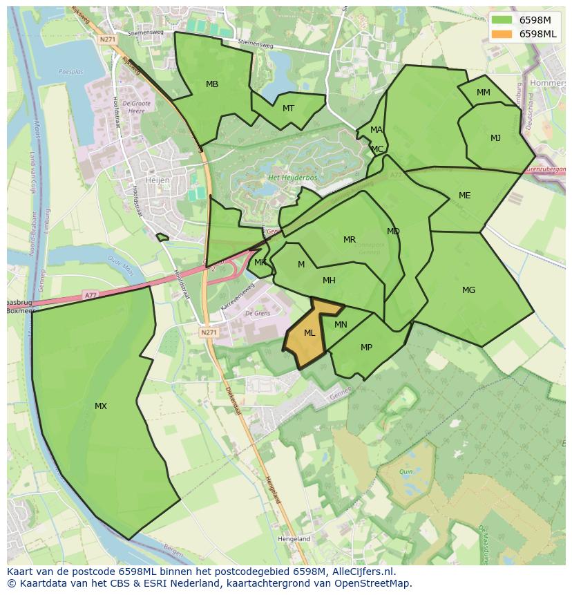Afbeelding van het postcodegebied 6598 ML op de kaart.