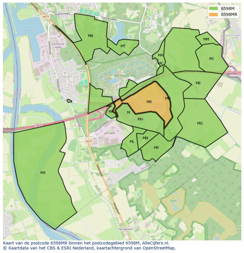 Afbeelding van het postcodegebied 6598 MR op de kaart.