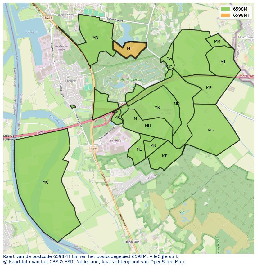 Afbeelding van het postcodegebied 6598 MT op de kaart.