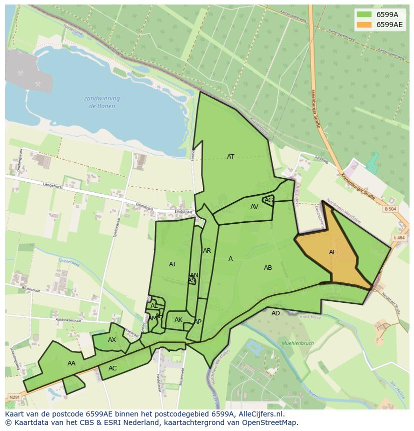 Afbeelding van het postcodegebied 6599 AE op de kaart.
