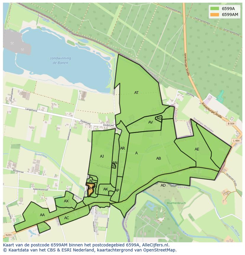 Afbeelding van het postcodegebied 6599 AM op de kaart.