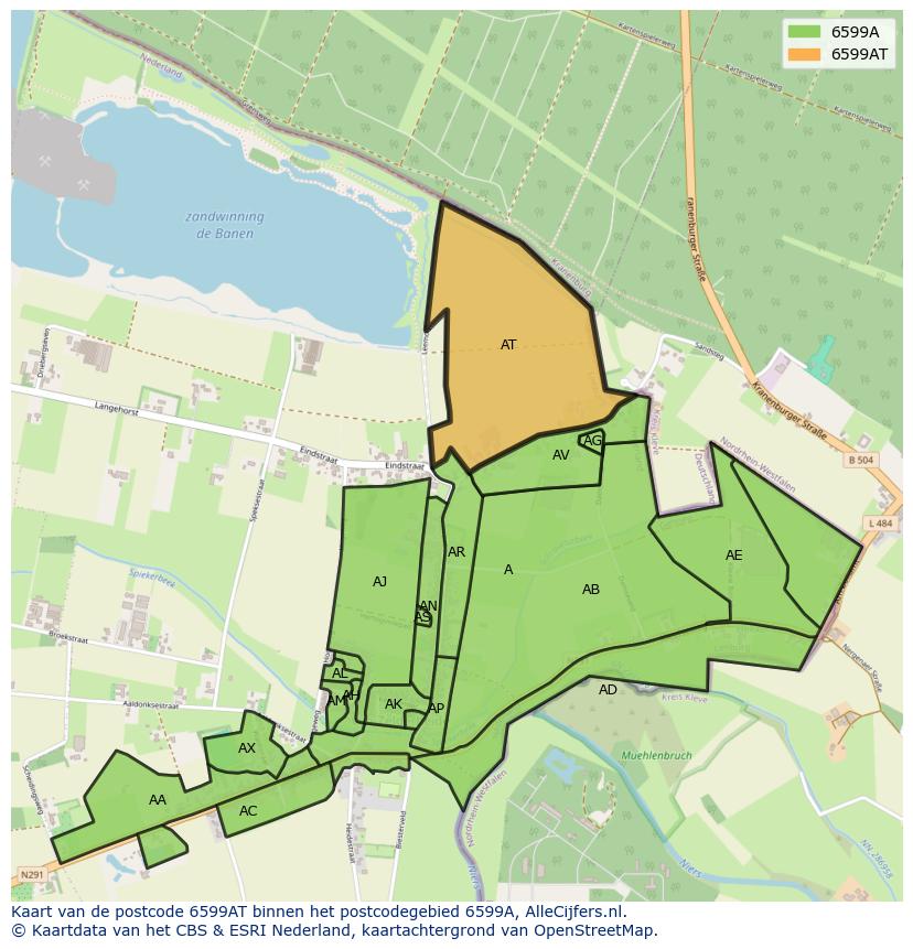 Afbeelding van het postcodegebied 6599 AT op de kaart.