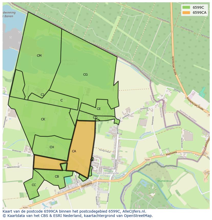 Afbeelding van het postcodegebied 6599 CA op de kaart.