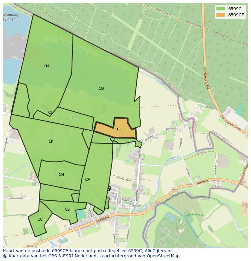 Afbeelding van het postcodegebied 6599 CE op de kaart.